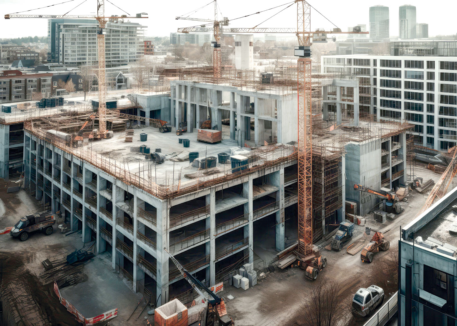 Building under construction surrounded by cranes