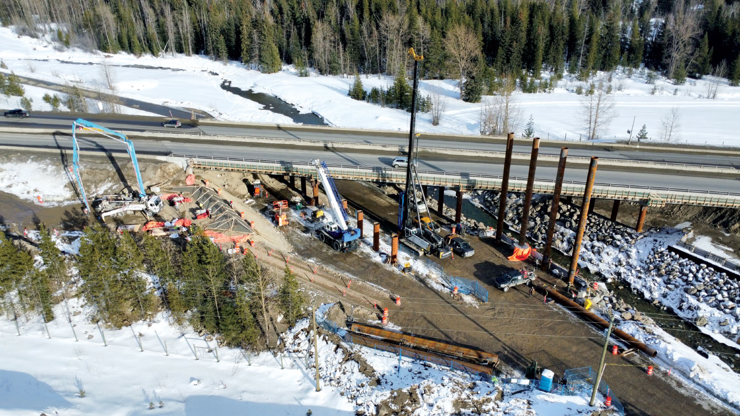 Aerial view of highway construction in winter