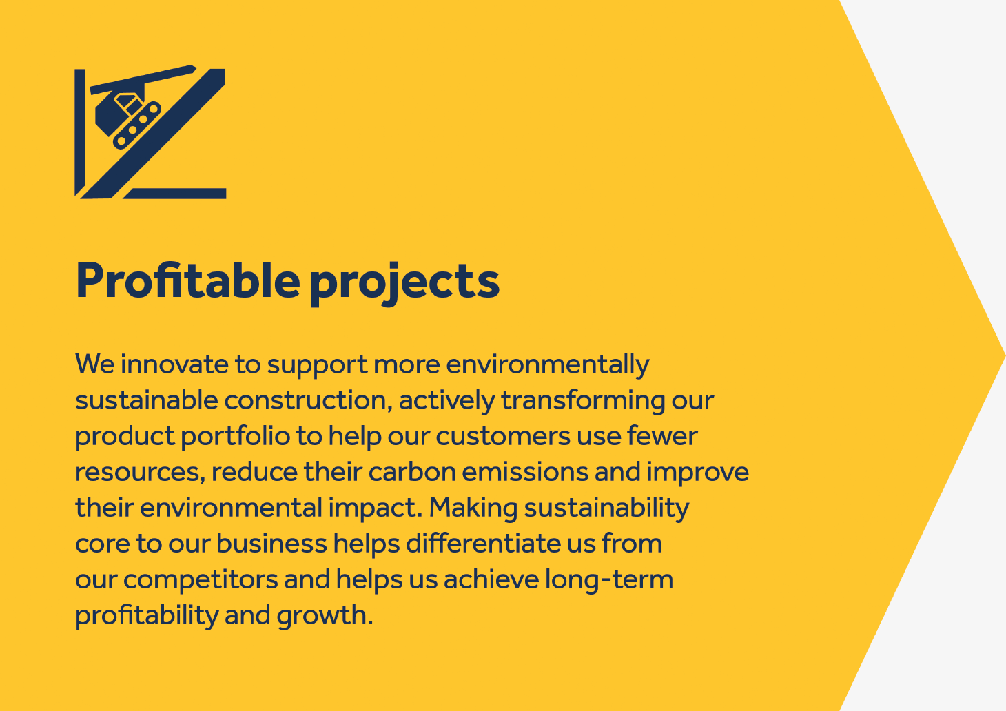 Profitable Projects: We innovate to support more environmentally sustainable construction, actively transforming our product portfolio to help our customers use fewer resources, reduce their carbon emissions and improve their environmental impact. Making sustainability core to our business helps differentiate us from our competitors and helps us achieve long-term profitability and growth.