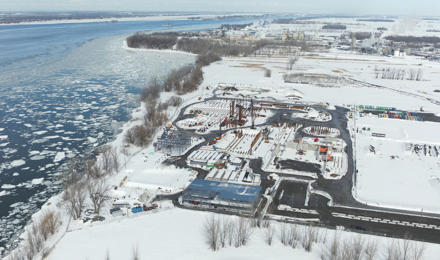 Aerial view of town and lakeshore