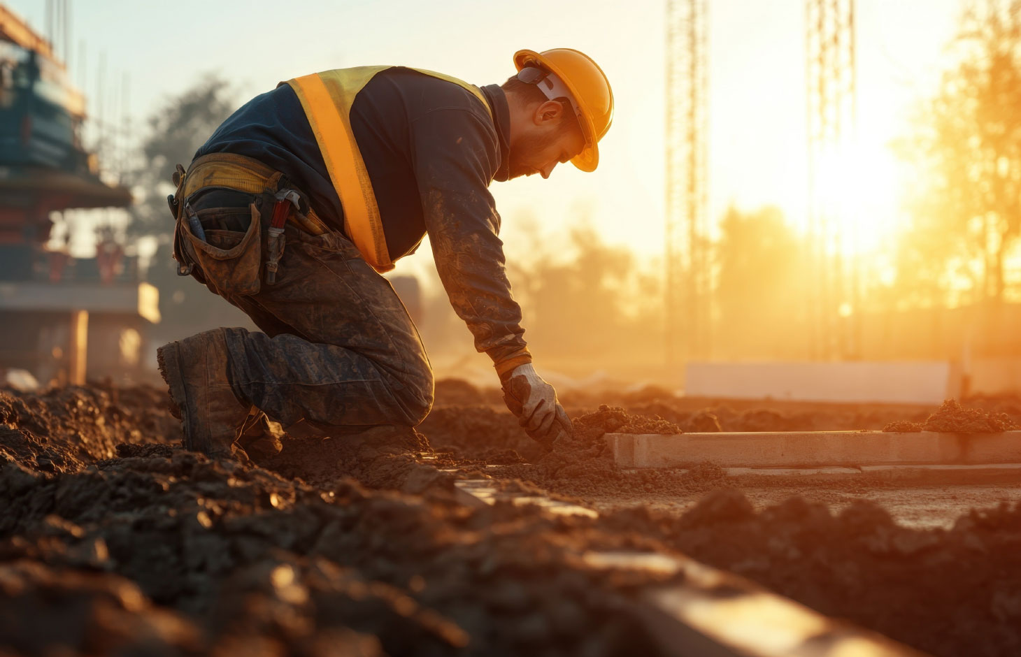 A worker in safety gear is kneeling on dirt, focused on laying a foundation as the sun sets in the background